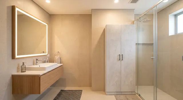 Распашной шкаф 800 × 1900 × 400 мм, ЛДСП «Мрамор Кристалл» — визуализация в ванной
