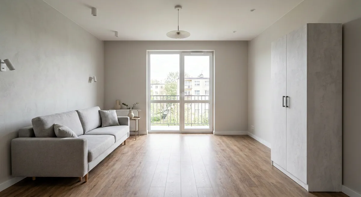 Распашной шкаф 900×2000 мм в декоре «Цемент Светлый» — визуализация в гостиной